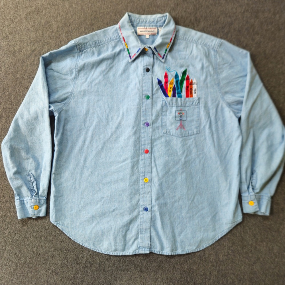 Vtg Crayon Embroidery Chambray Button Shirt L Frizzle Whimsical Academia Teacher